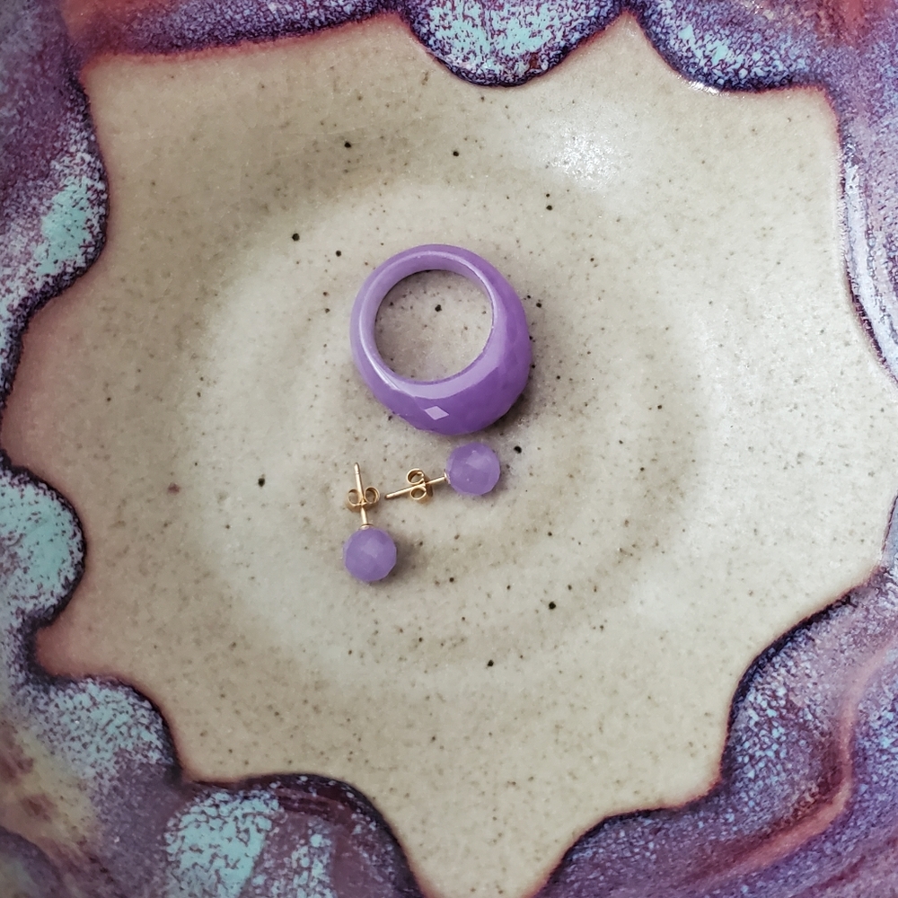 Lavender jade set 14K gold ring and earrings